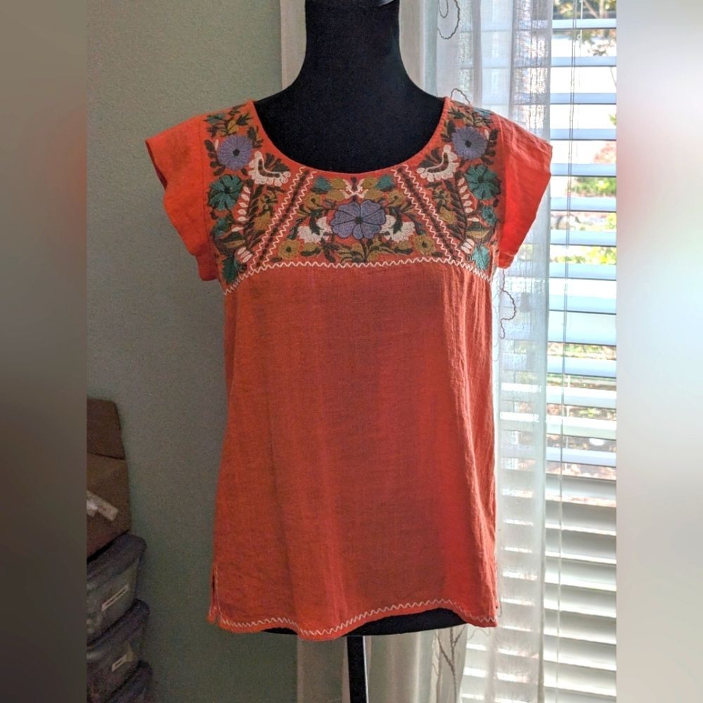 THML Coral Embroidered Boho Top Floral Detail Size XS